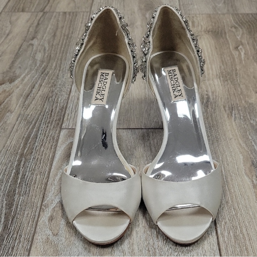 Badgley Mischka Celest Bridal White Satin Pee-Toe with Embellished Heels